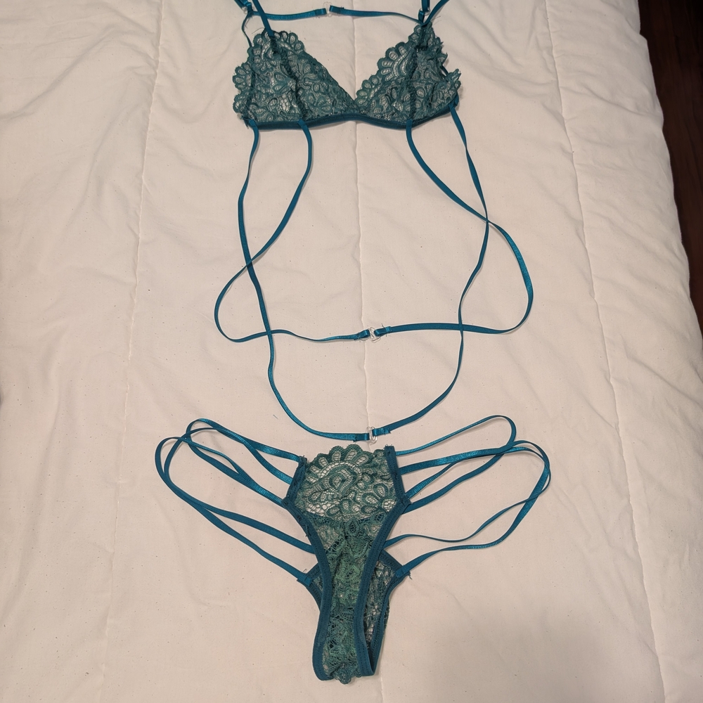 Blue Lace Bra with Sheer Strappy Design